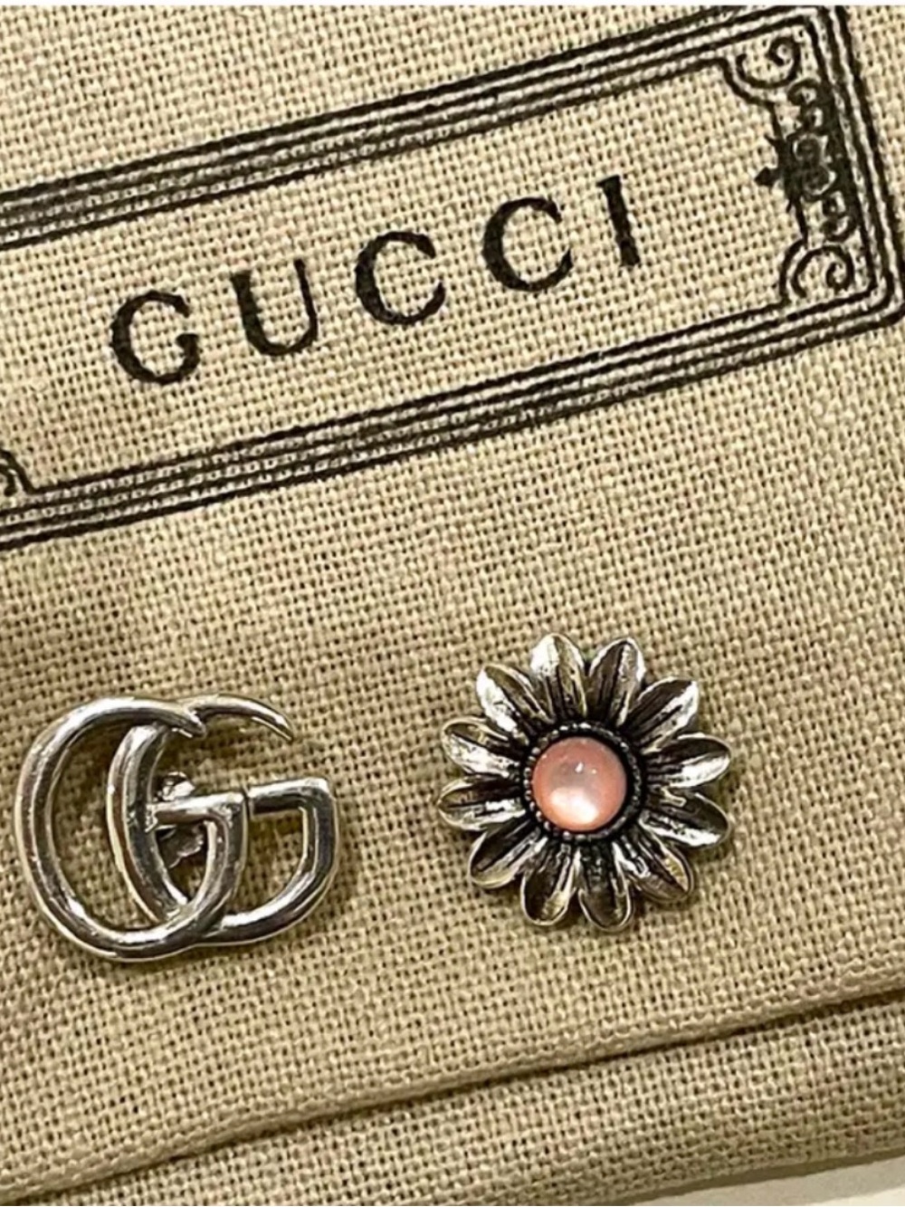 Gucci Silver Daisy Studs with Pink Center and Interlocking GG